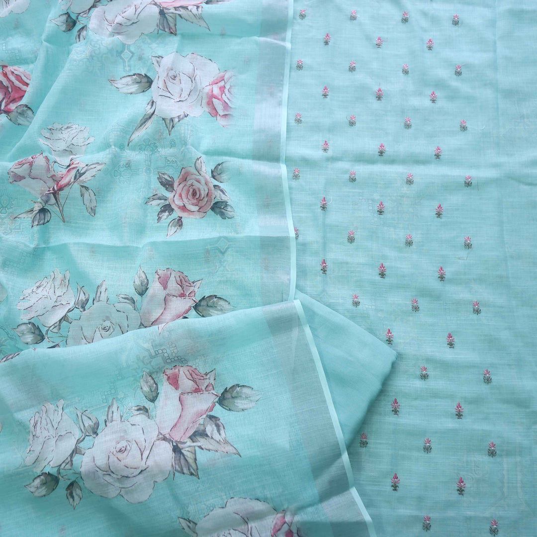Deedar Aqua Blue Floral Embroidery Buti Work Cotton Linen Suit Set