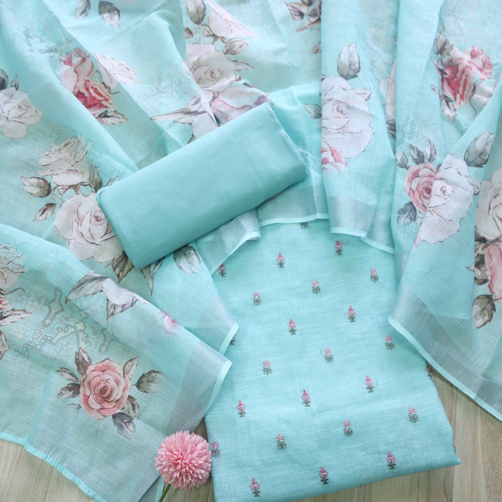 Deedar Aqua Blue Floral Embroidery Buti Work Cotton Linen Suit Set