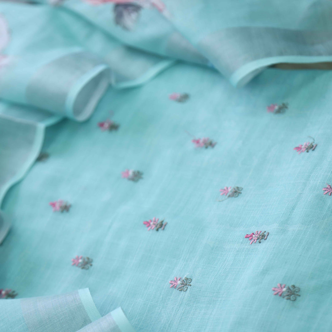 Deedar Aqua Blue Floral Embroidery Buti Work Cotton Linen Suit Set