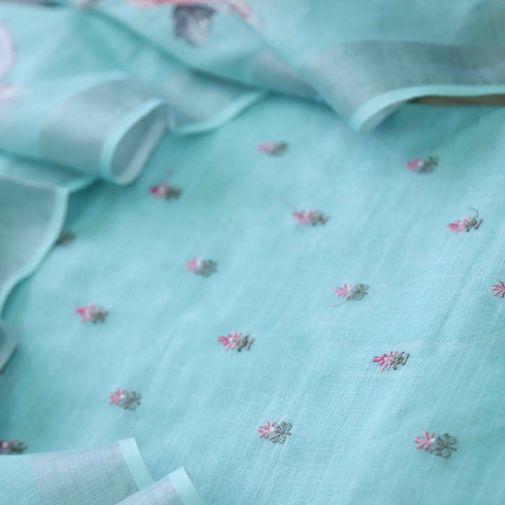 Deedar Aqua Blue Floral Embroidery Buti Work Cotton Linen Suit Set