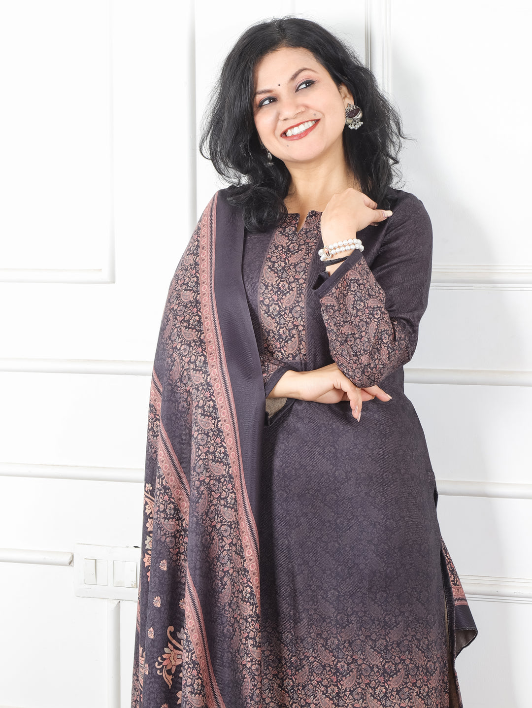 Meenakshi Ebony Black Elegant Digital Printed Semi Pashmina Winter 3 Piece Set