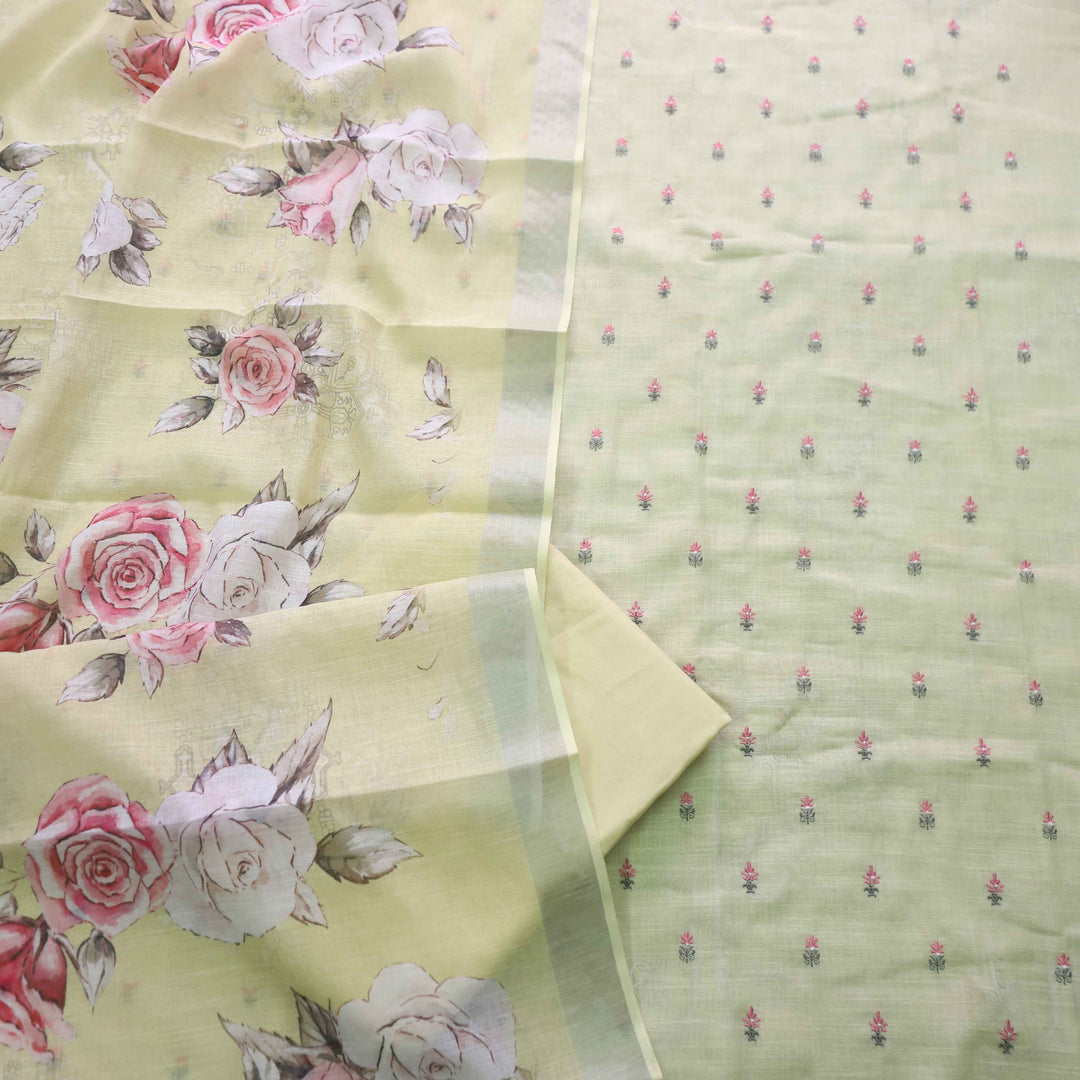Deedar Pineapple Yellow Floral Embroidery Buti Work Cotton Linen Suit Set