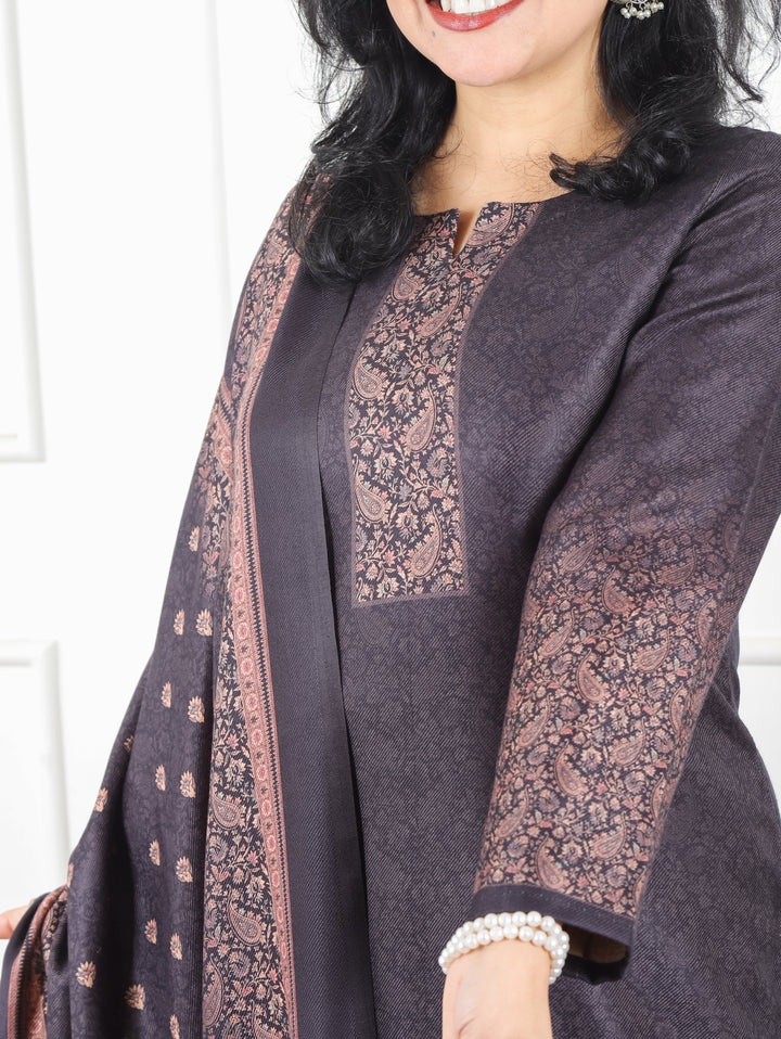 Meenakshi Ebony Black Elegant Digital Printed Semi Pashmina Winter 3 Piece Set