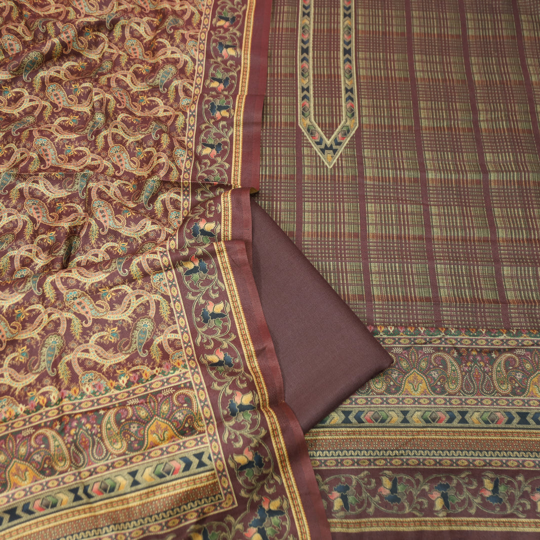 Rukhsat Chocolate Brown Check Printed Semi Pashmina Winter Set