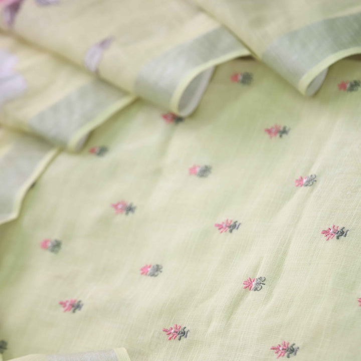 Deedar Pineapple Yellow Floral Embroidery Buti Work Cotton Linen Suit Set