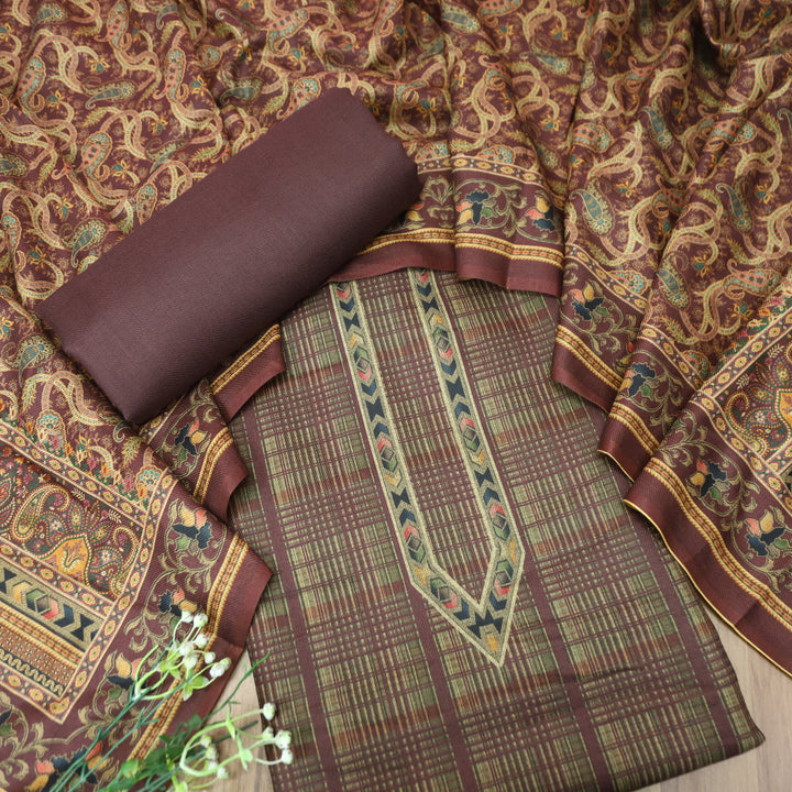 Rukhsat Chocolate Brown Check Printed Semi Pashmina Winter Set