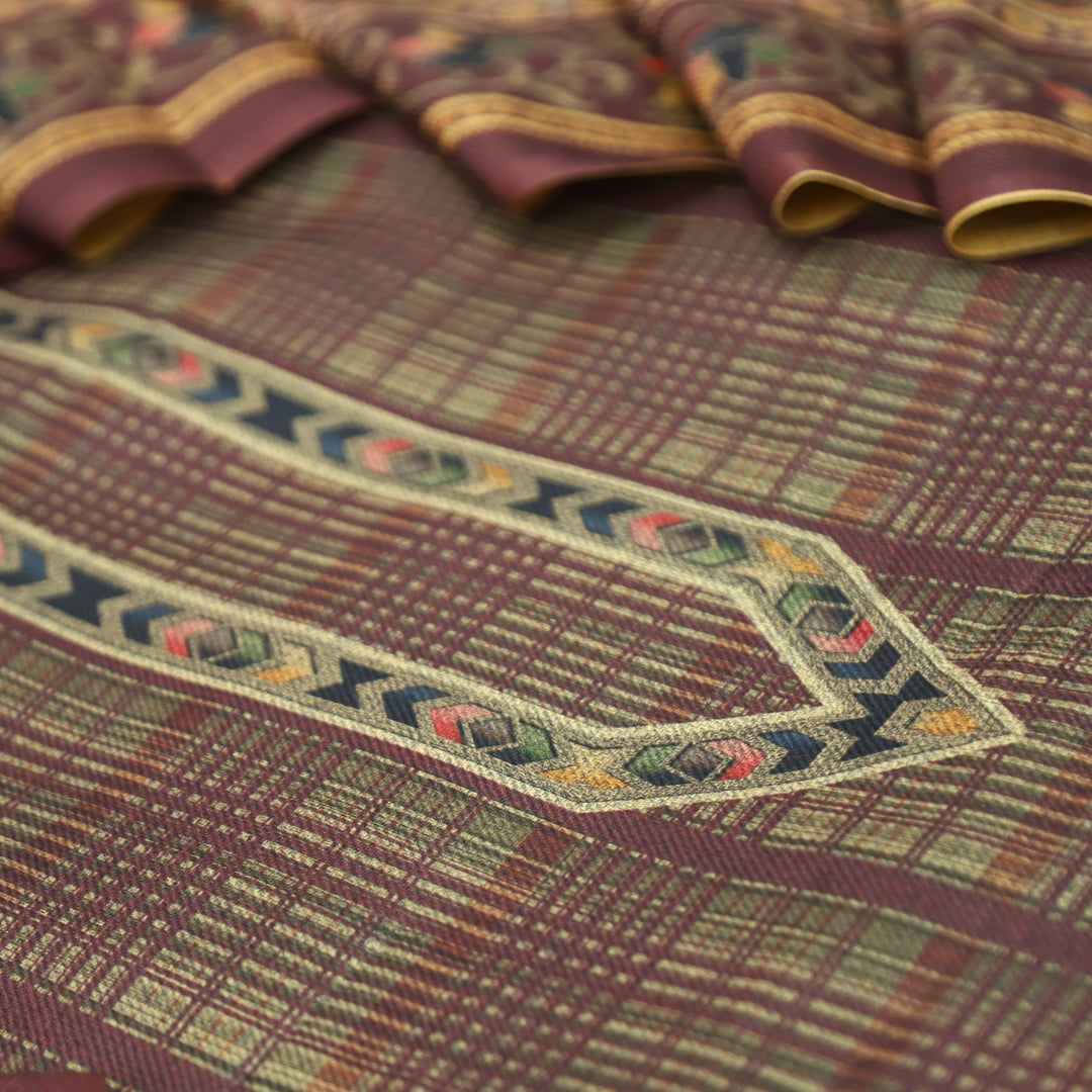 Rukhsat Chocolate Brown Check Printed Semi Pashmina Winter Set
