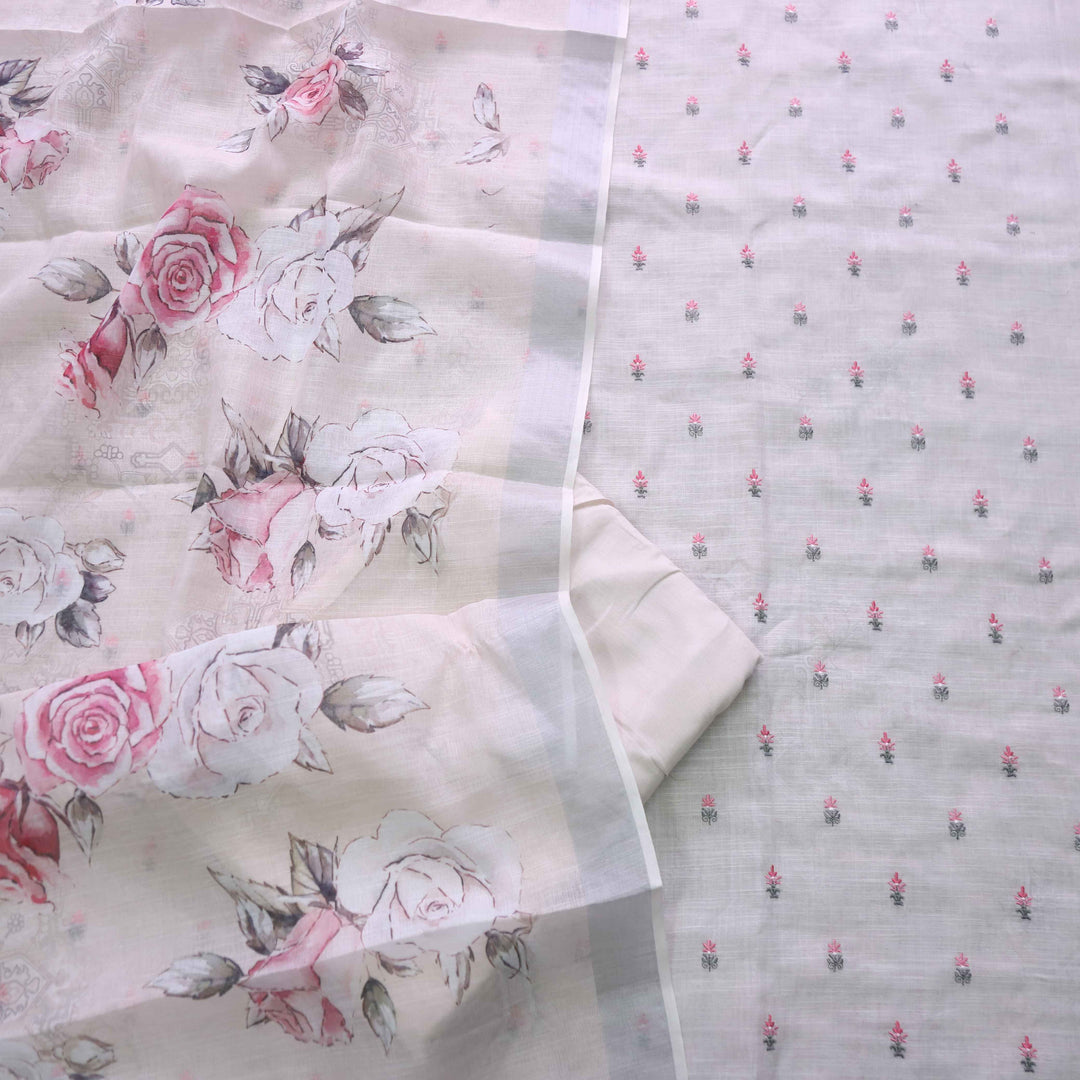 Deedar Ivory White Floral Embroidery Buti Work Cotton Linen Suit Set