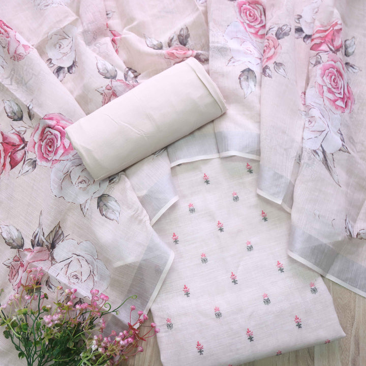 Deedar Ivory White Floral Embroidery Buti Work Cotton Linen Suit Set