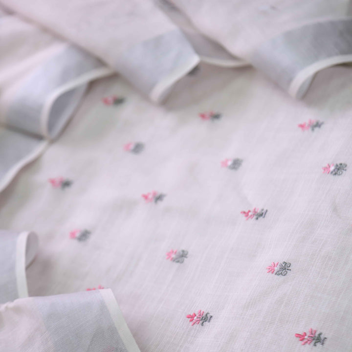 Deedar Ivory White Floral Embroidery Buti Work Cotton Linen Suit Set