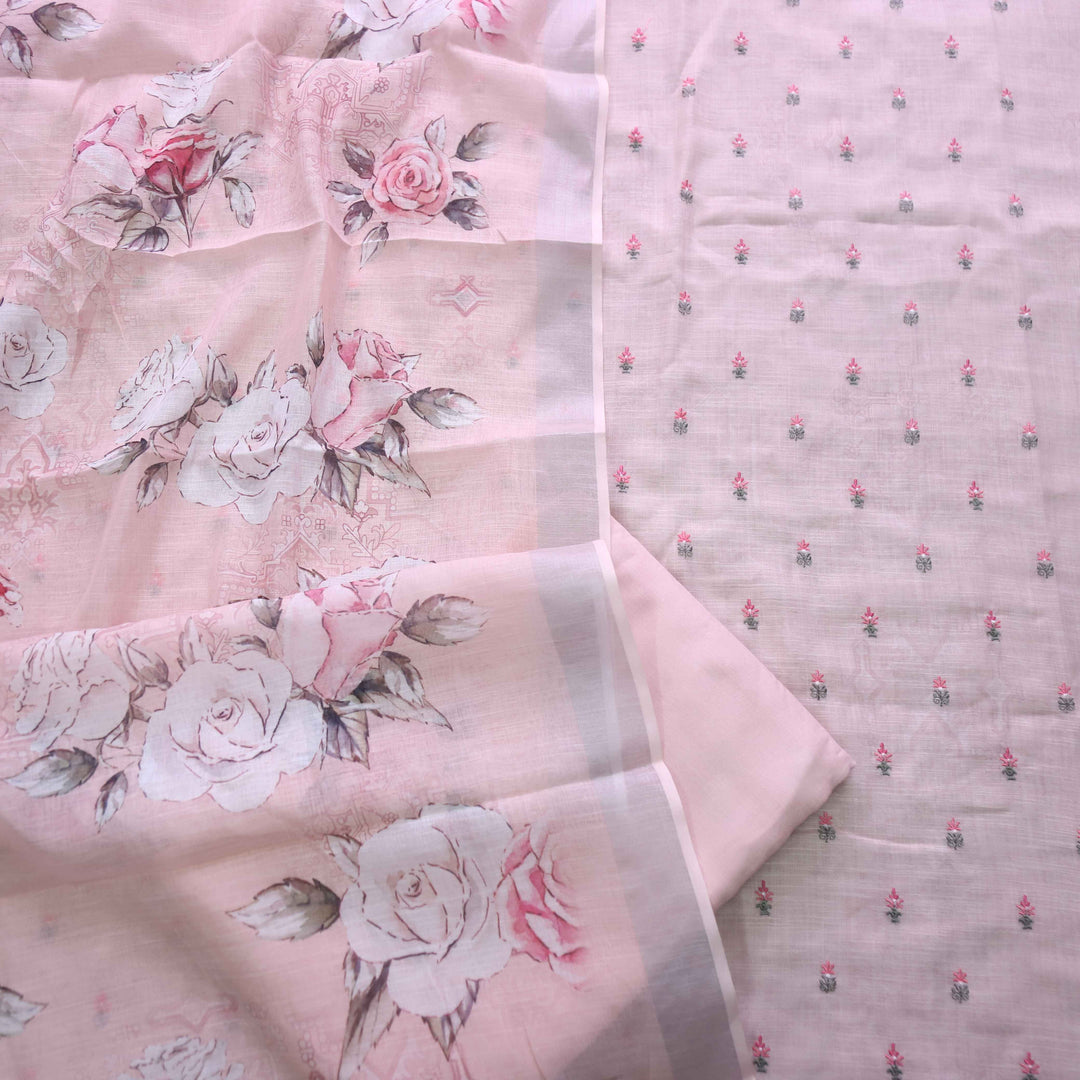 Deedar Peach Orange Floral Embroidery Buti Work Cotton Linen Suit Set