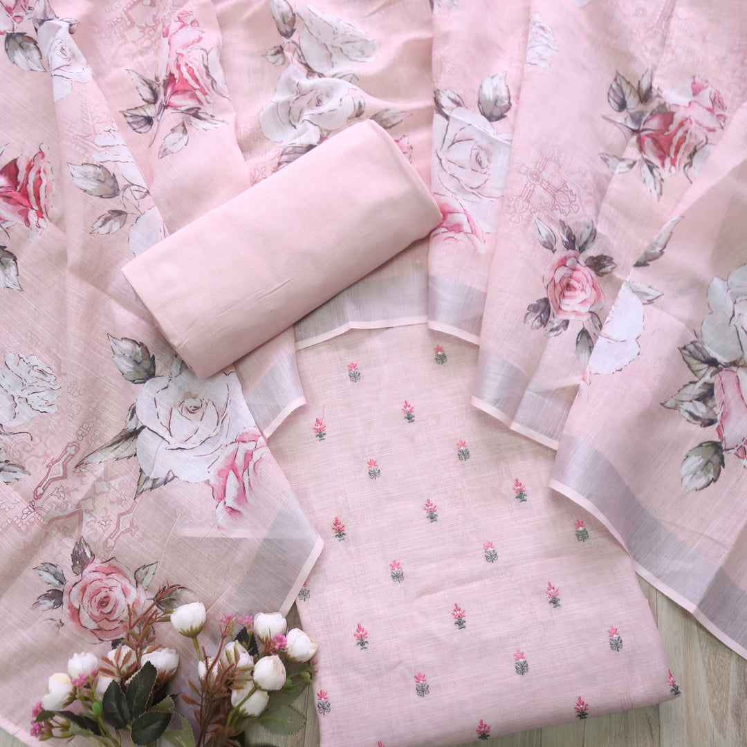 Deedar Peach Orange Floral Embroidery Buti Work Cotton Linen Suit Set
