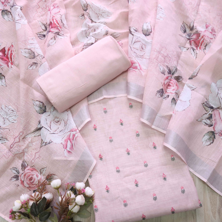 Deedar Peach Orange Floral Embroidery Buti Work Cotton Linen Suit Set