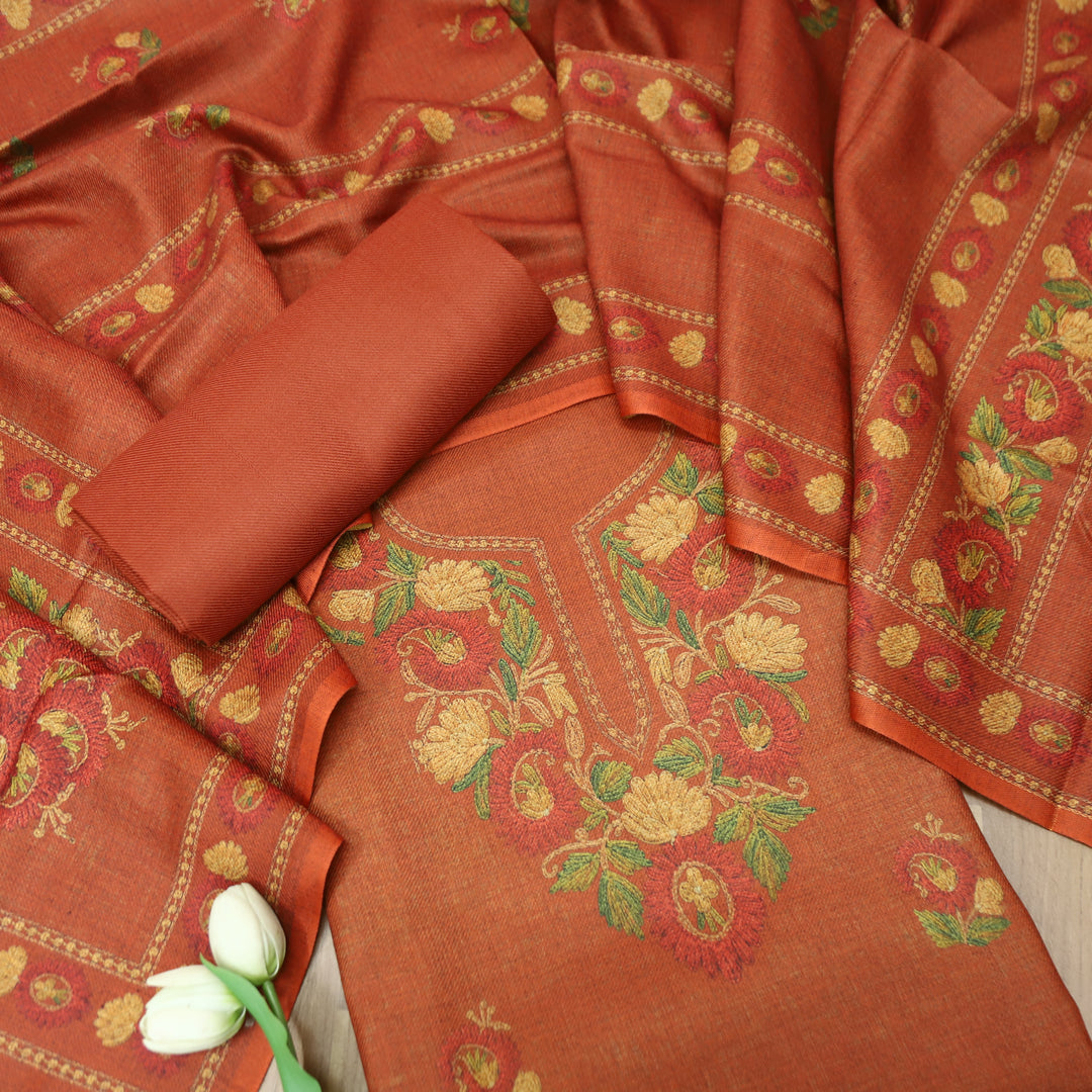 Mahima Burnt Rust Digital Kashmiri Printed Semi Pashmina Winter Set