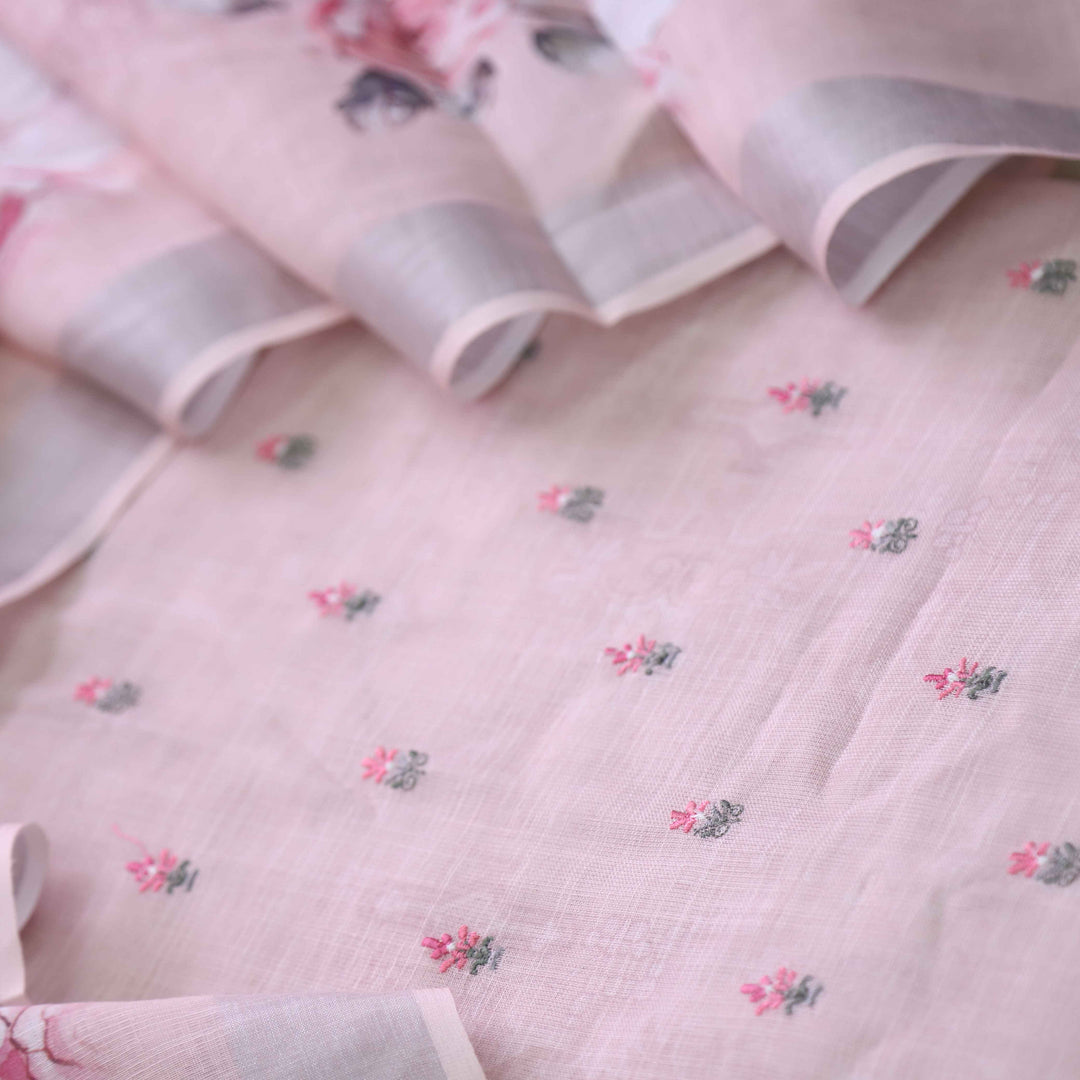 Deedar Peach Orange Floral Embroidery Buti Work Cotton Linen Suit Set