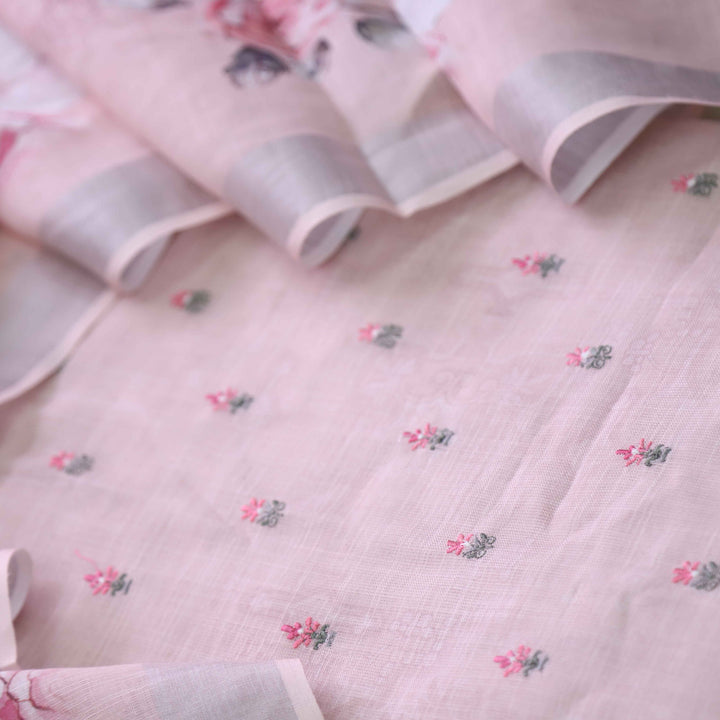 Deedar Peach Orange Floral Embroidery Buti Work Cotton Linen Suit Set