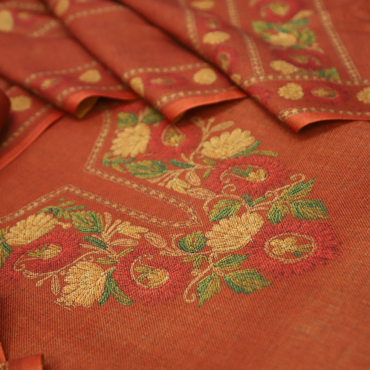 Mahima Burnt Rust Digital Kashmiri Printed Semi Pashmina Winter Set