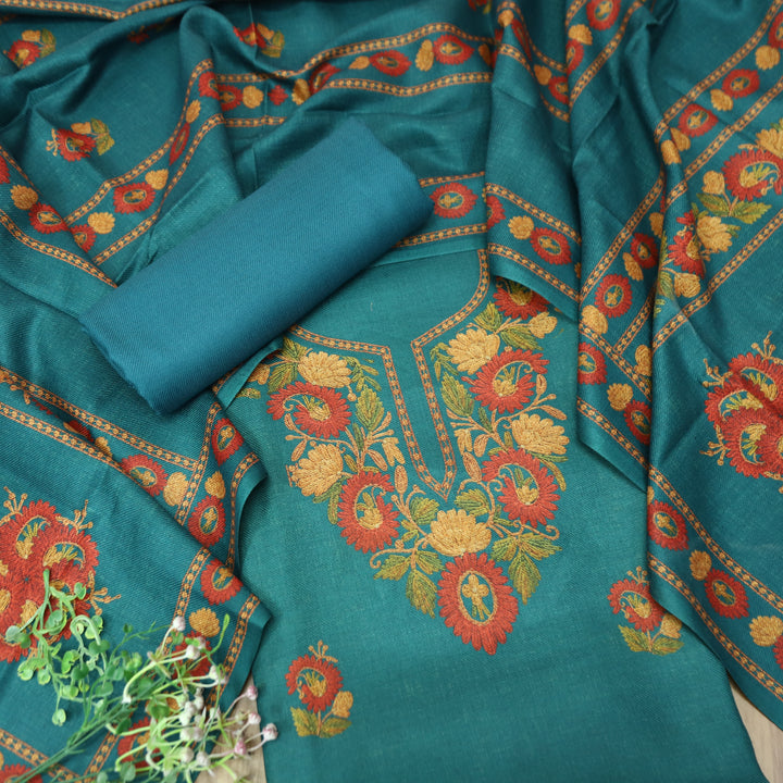 Mahima Sky Aqua Digital Kashmiri Printed Semi Pashmina Winter Set