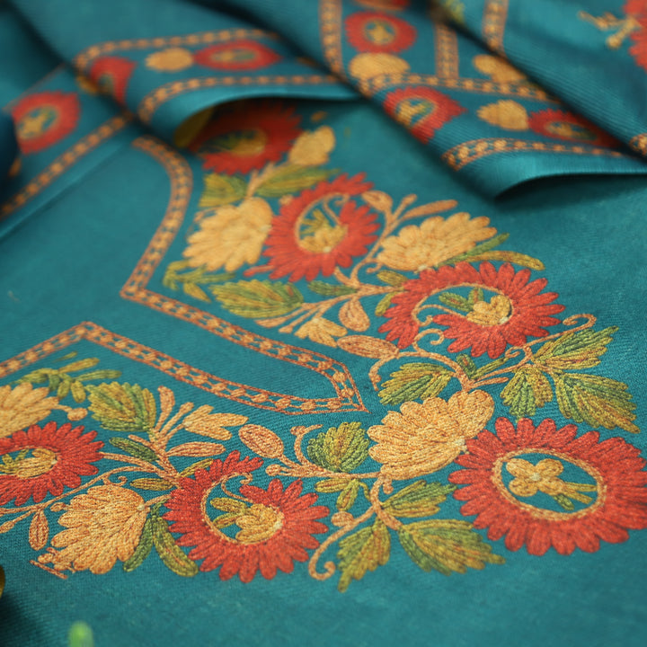 Mahima Sky Aqua Digital Kashmiri Printed Semi Pashmina Winter Set
