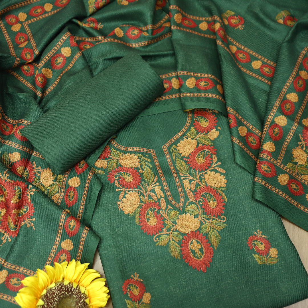 Mahima Emerlad Green Digital Kashmiri Printed Semi Pashmina Winter Set