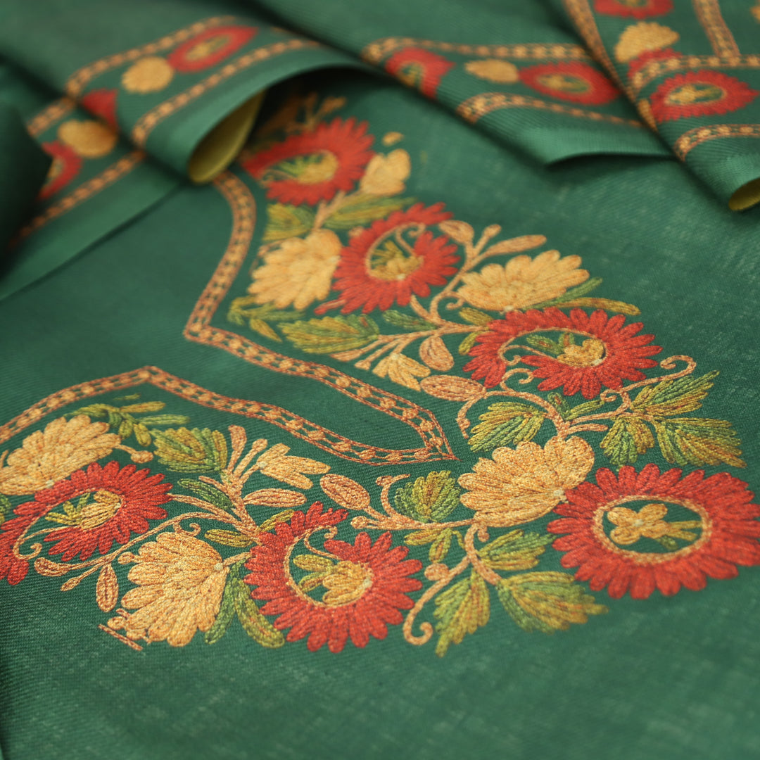 Mahima Emerlad Green Digital Kashmiri Printed Semi Pashmina Winter Set