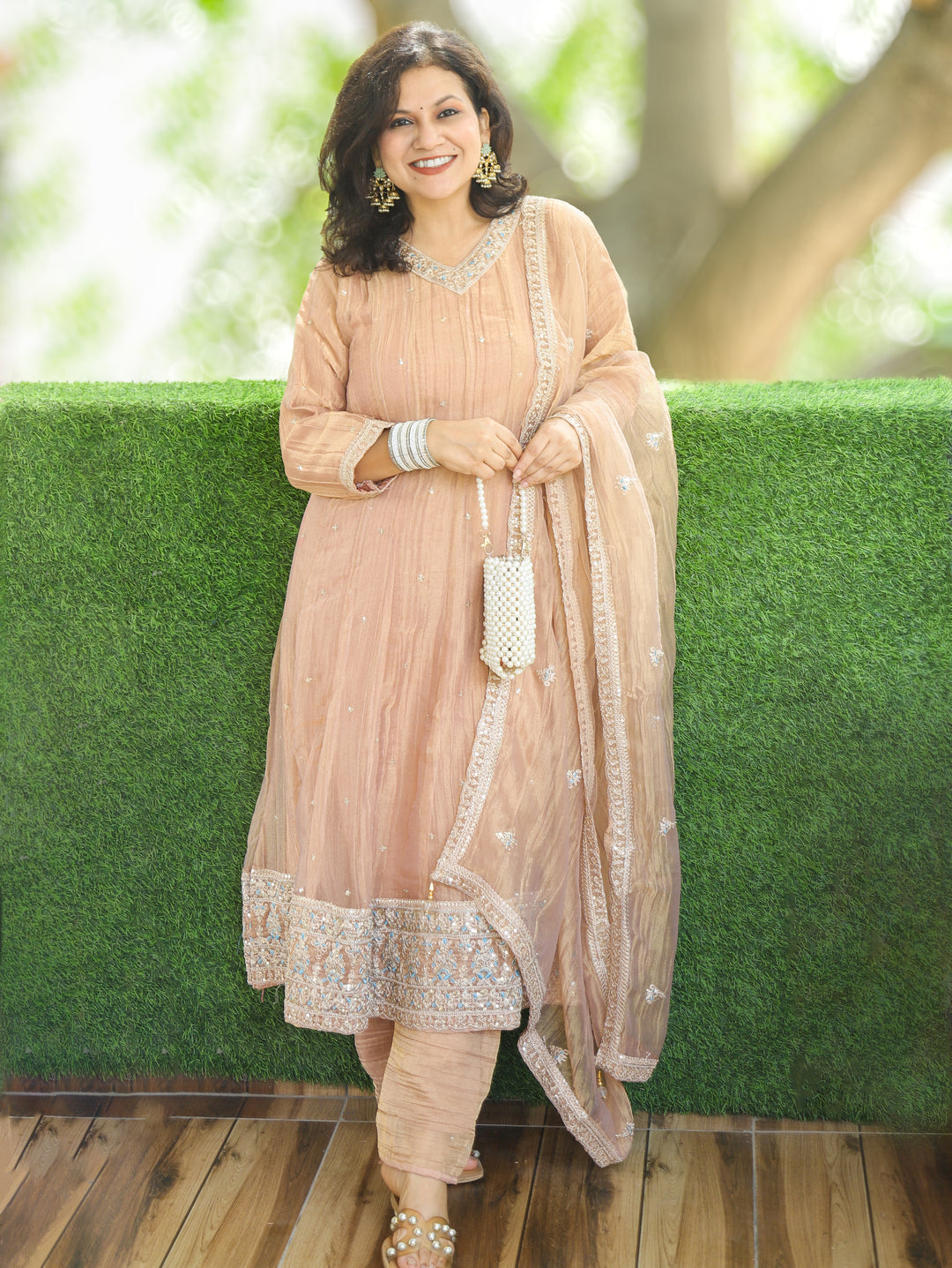 Ruhani Cream Peach Zari Work Crinkle Shimmer Tissue 3 Piece Set