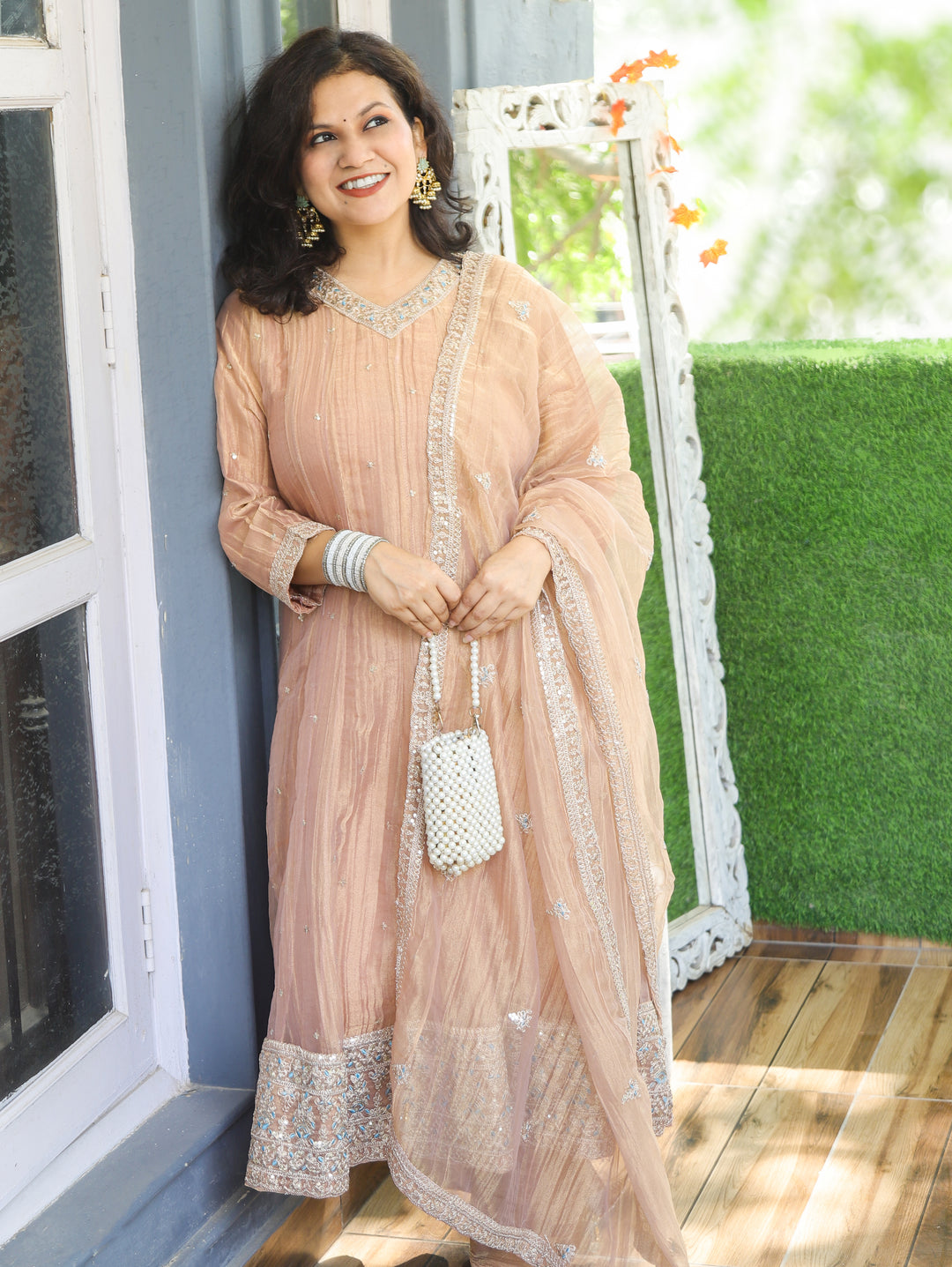 Ruhani Cream Peach Zari Work Crinkle Shimmer Tissue 3 Piece Set