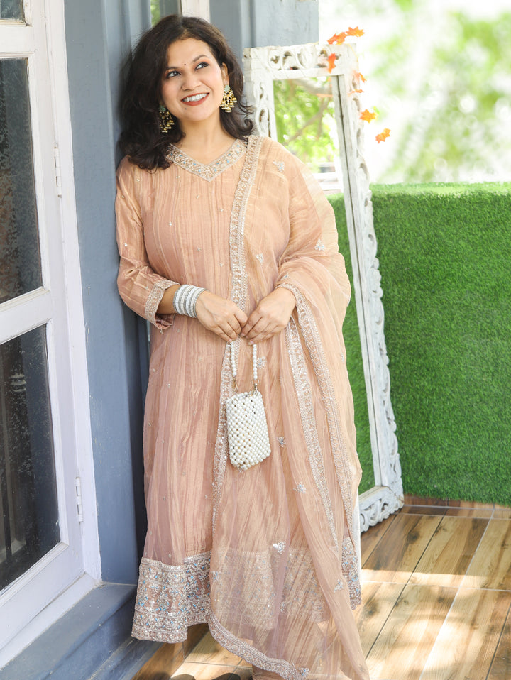Ruhani Cream Peach Zari Work Crinkle Shimmer Tissue 3 Piece Set