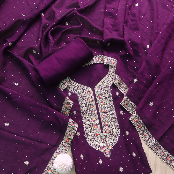 Matwali Eggplant Purple Zari with Swarovski Neck Work Chinon Suit Set