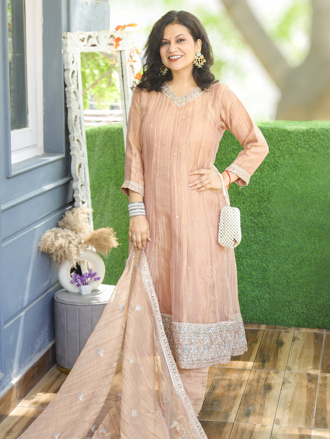 Ruhani Cream Peach Zari Work Crinkle Shimmer Tissue 3 Piece Set