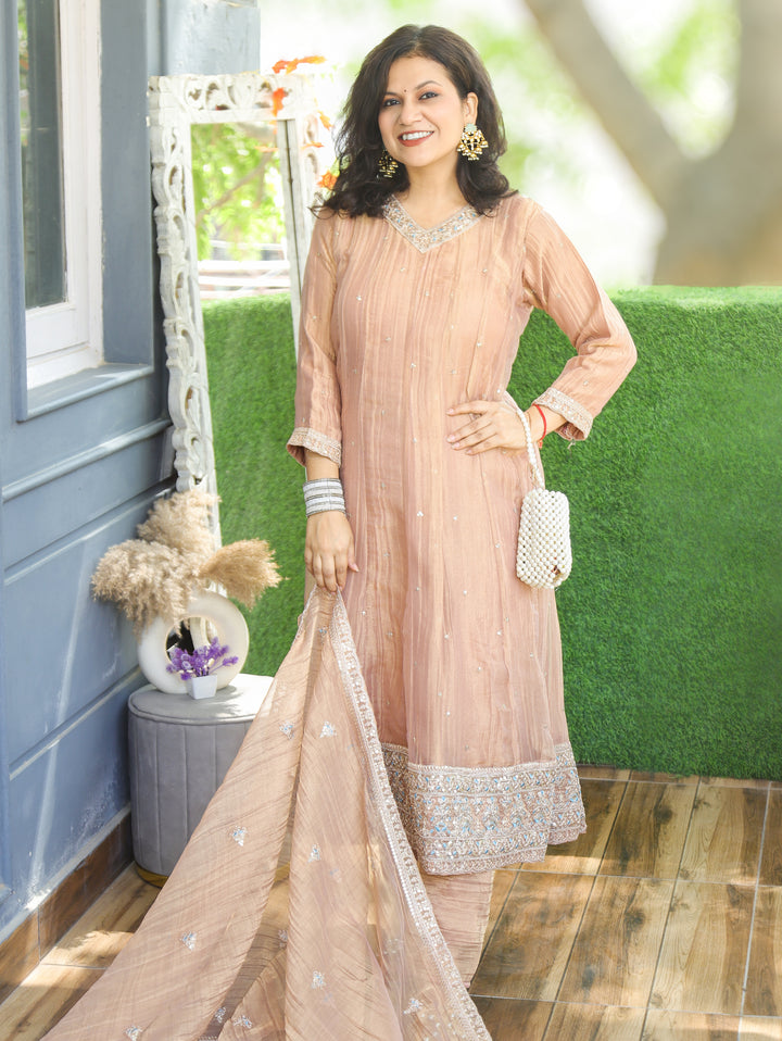 Ruhani Cream Peach Zari Work Crinkle Shimmer Tissue 3 Piece Set