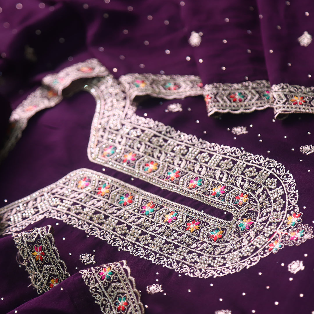 Matwali Eggplant Purple Zari with Swarovski Neck Work Chinon Suit Set