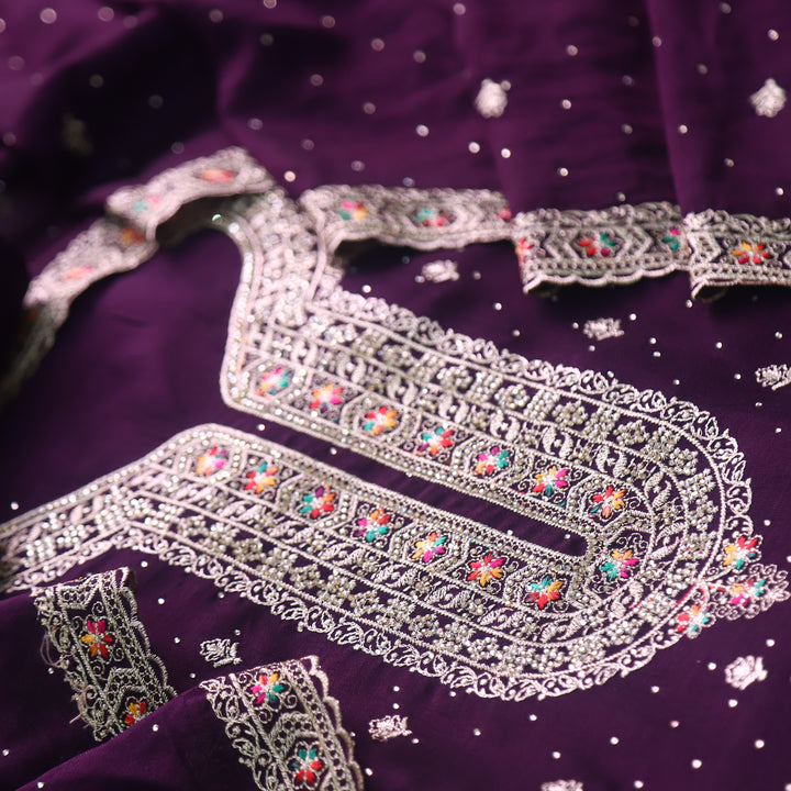 Matwali Eggplant Purple Zari with Swarovski Neck Work Chinon Suit Set