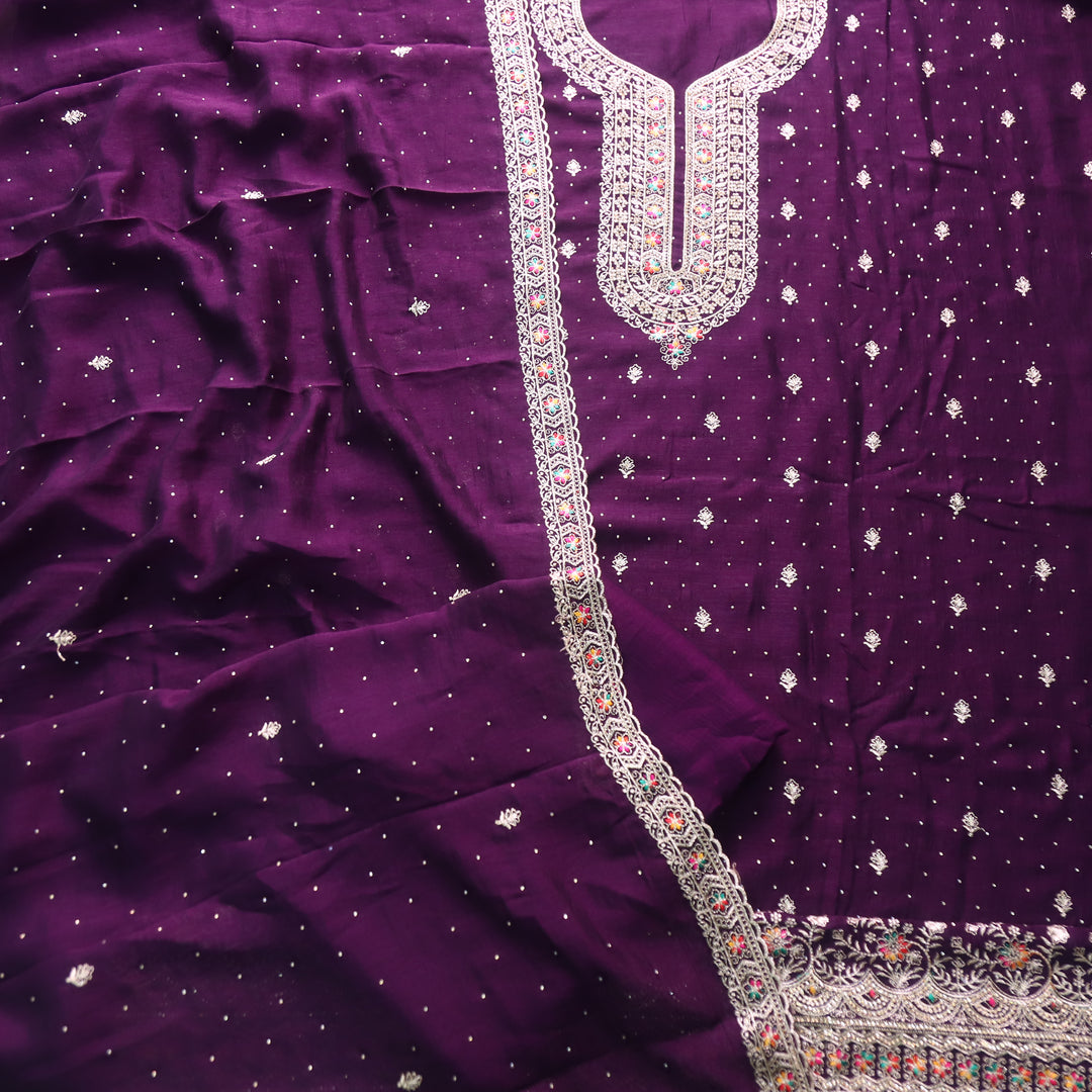 Matwali Eggplant Purple Zari with Swarovski Neck Work Chinon Suit Set
