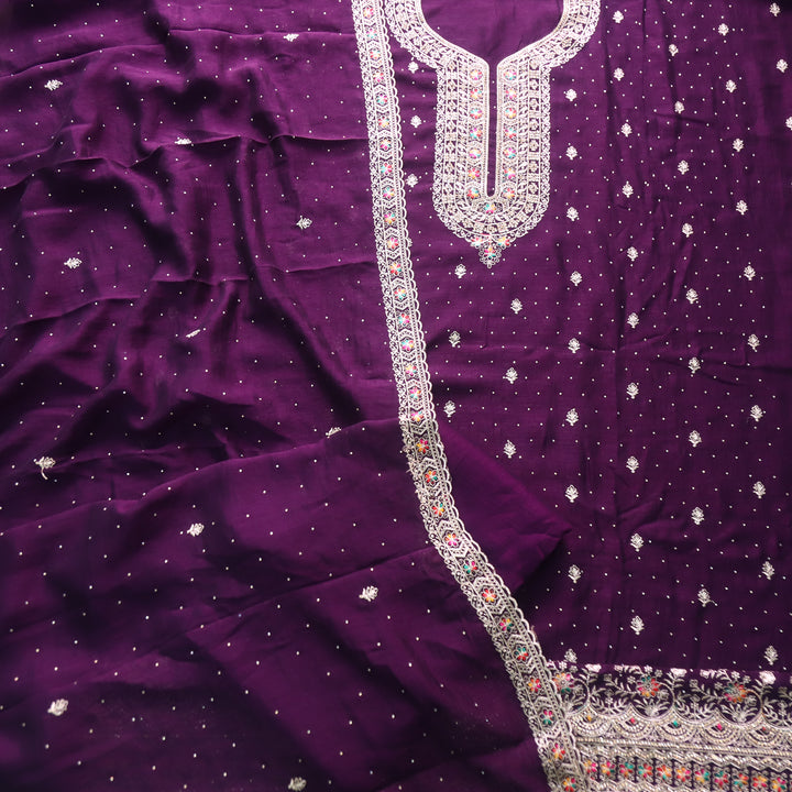 Matwali Eggplant Purple Zari with Swarovski Neck Work Chinon Suit Set