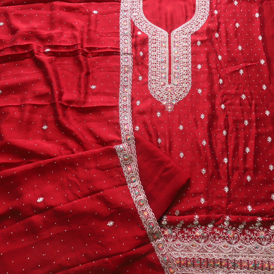 Matwali Bride Red Zari with Swarovski Neck Work Georgette Chinon Suit Set