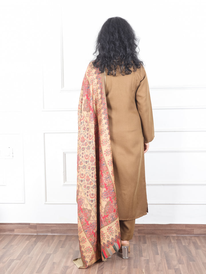 Rooby Olive Green Embriodered Neck Work Semi Pashmina Winter Suit Set