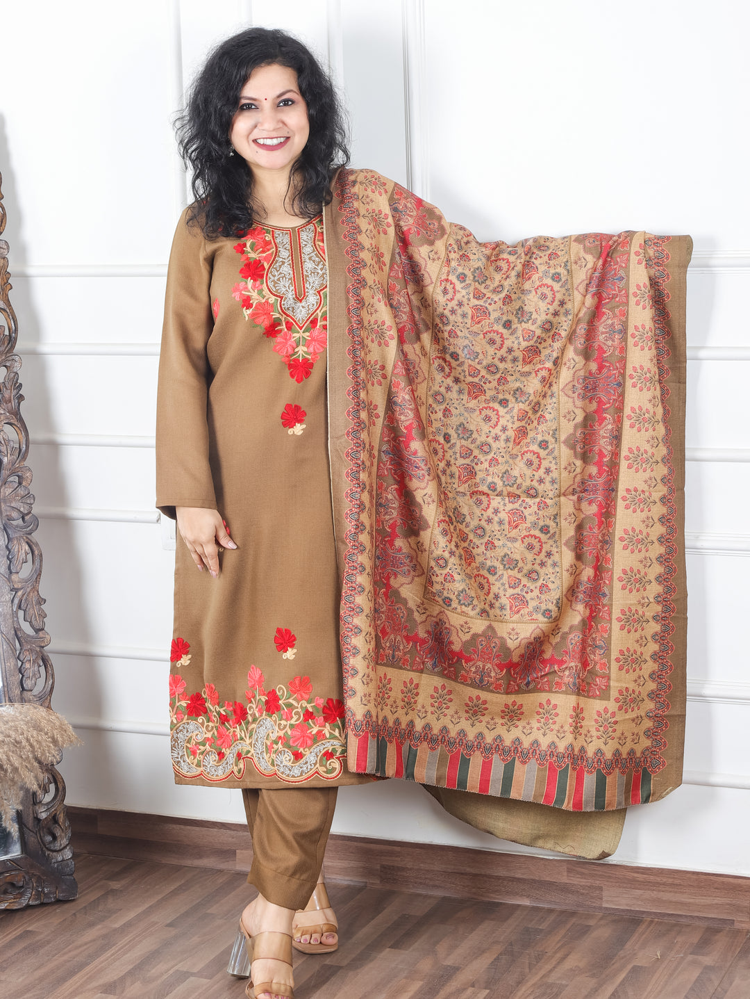 Rooby Olive Green Embriodered Neck Work Semi Pashmina Winter Suit Set