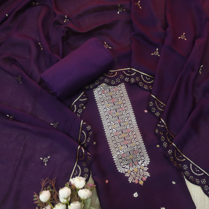 Deedar Raisin Purple Zari Weaved Neck Dola Silk Suit Set