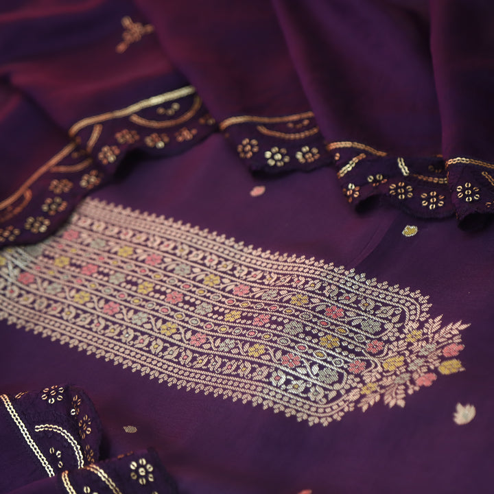 Deedar Raisin Purple Zari Weaved Neck Dola Silk Suit Set