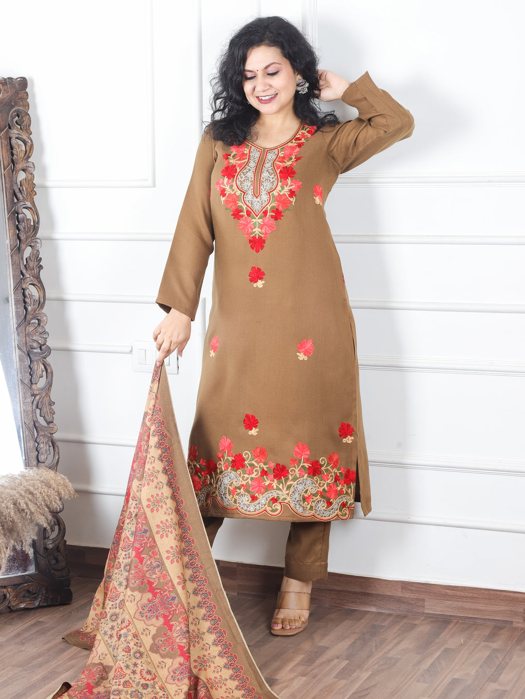 Rooby Olive Green Embriodered Neck Work Semi Pashmina Winter Suit Set