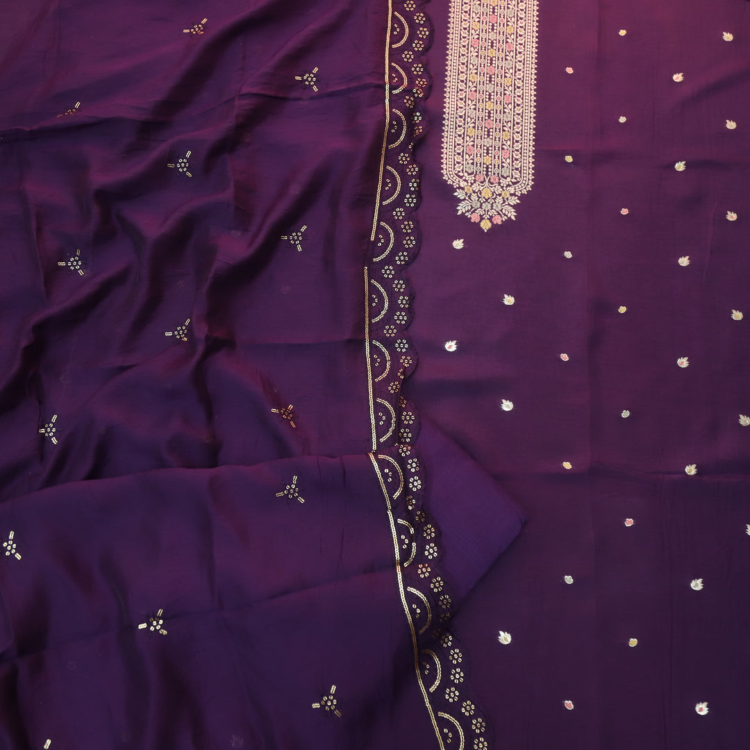 Deedar Raisin Purple Zari Weaved Neck Dola Silk Suit Set