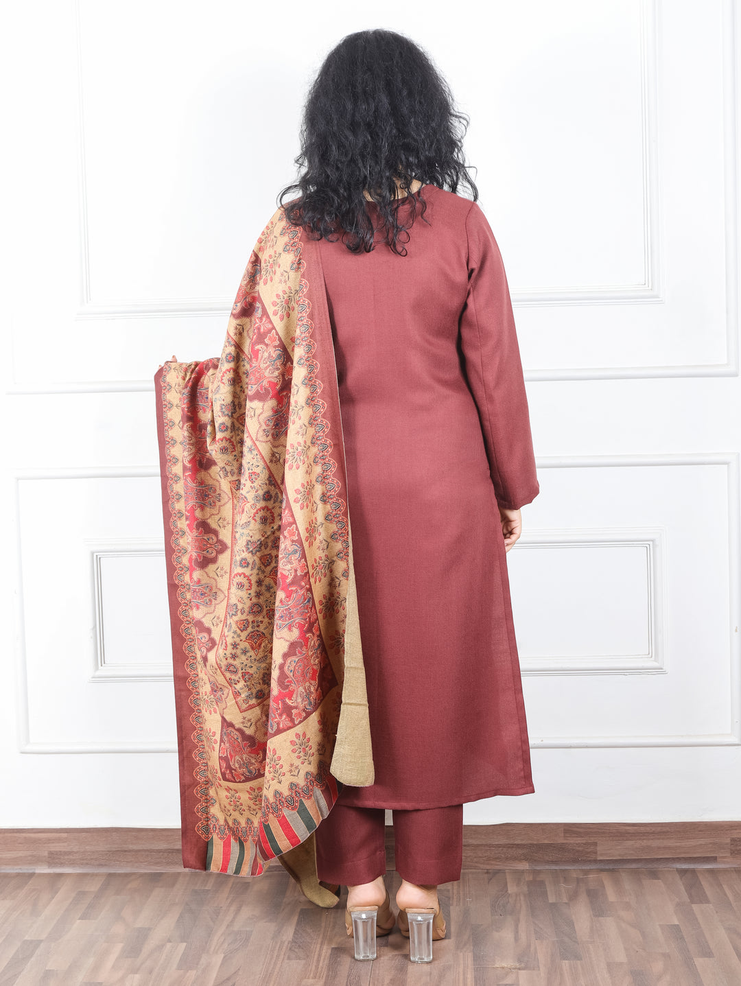 Rooby Barn Maroon Embriodered Neck Work Semi Pashmina Winter Suit Set