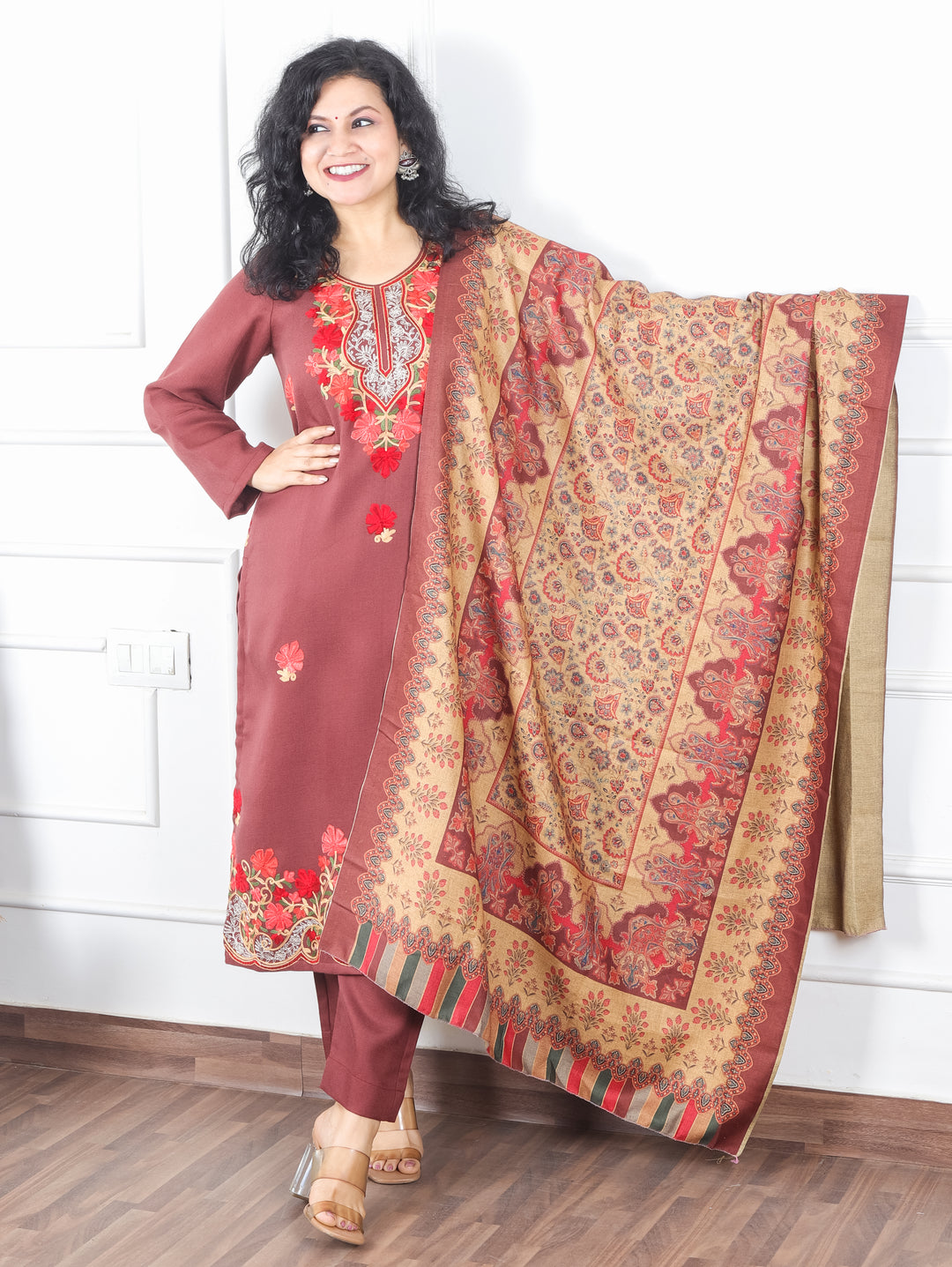 Rooby Barn Maroon Embriodered Neck Work Semi Pashmina Winter Suit Set