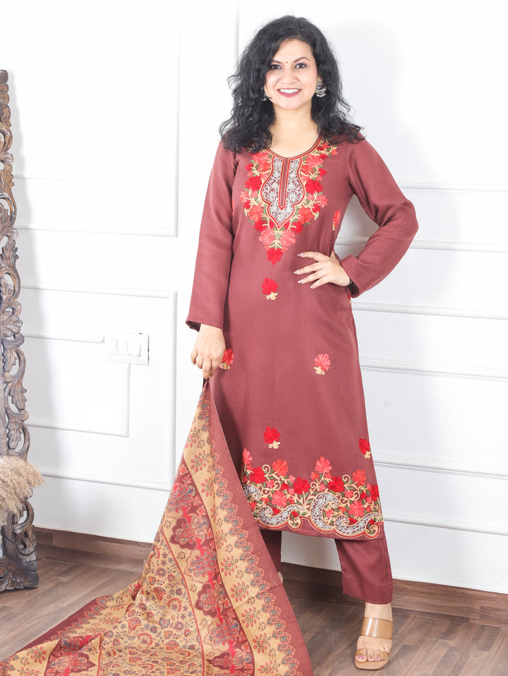 Rooby Barn Maroon Embriodered Neck Work Semi Pashmina Winter Suit Set