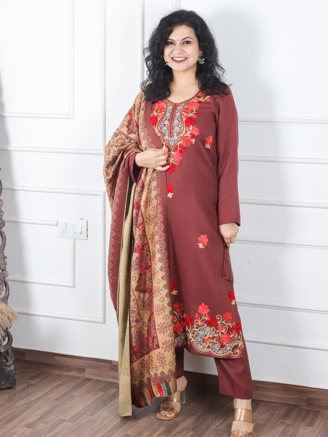 Rooby Barn Maroon Embriodered Neck Work Semi Pashmina Winter Suit Set