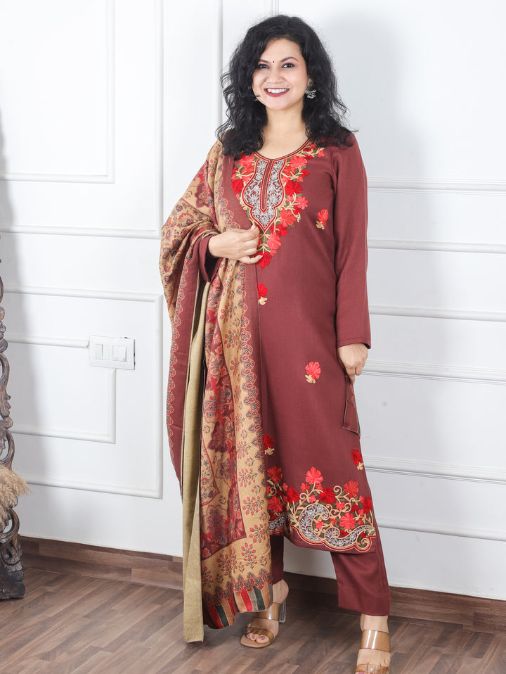 Rooby Barn Maroon Embriodered Neck Work Semi Pashmina Winter Suit Set