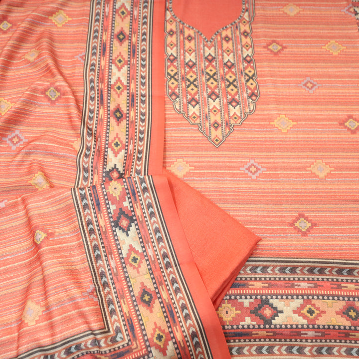 Kavina Pumpkin Peach Digital Kullu Printed Semi Pashmina Winter Set