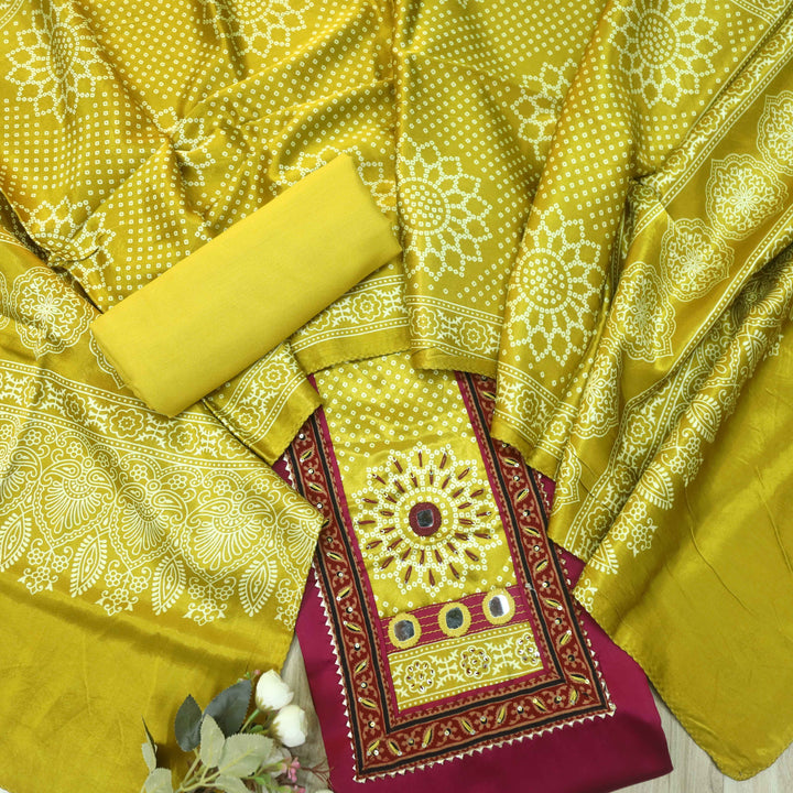 Ruhani Plum Purple Mirror Work Glazed Cotton Suit with Stole Dupatta