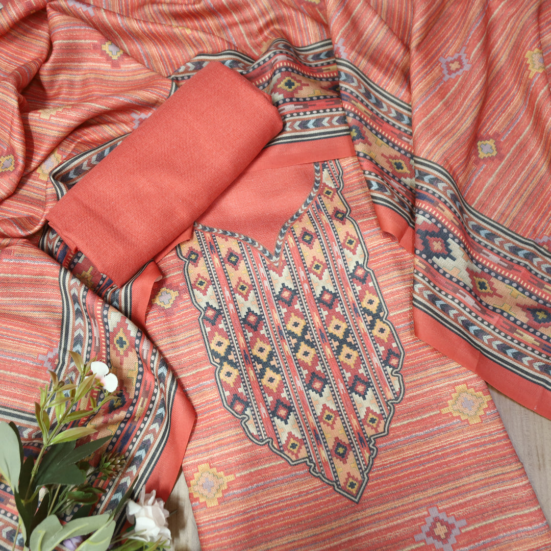 Kavina Pumpkin Peach Digital Kullu Printed Semi Pashmina Winter Set